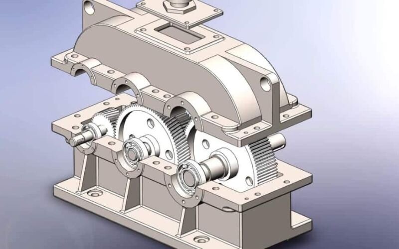 Cấu tạo hộp giảm tốc 2 cấp bao gồm hệ thống bánh răng, vỏ hộp giảm tốc, trục vào, trục ra